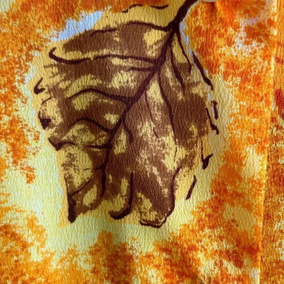 Vintage 70s Dagger Point Collar Orange Leaf Print Nylon Blouse - Picture 3 of 5